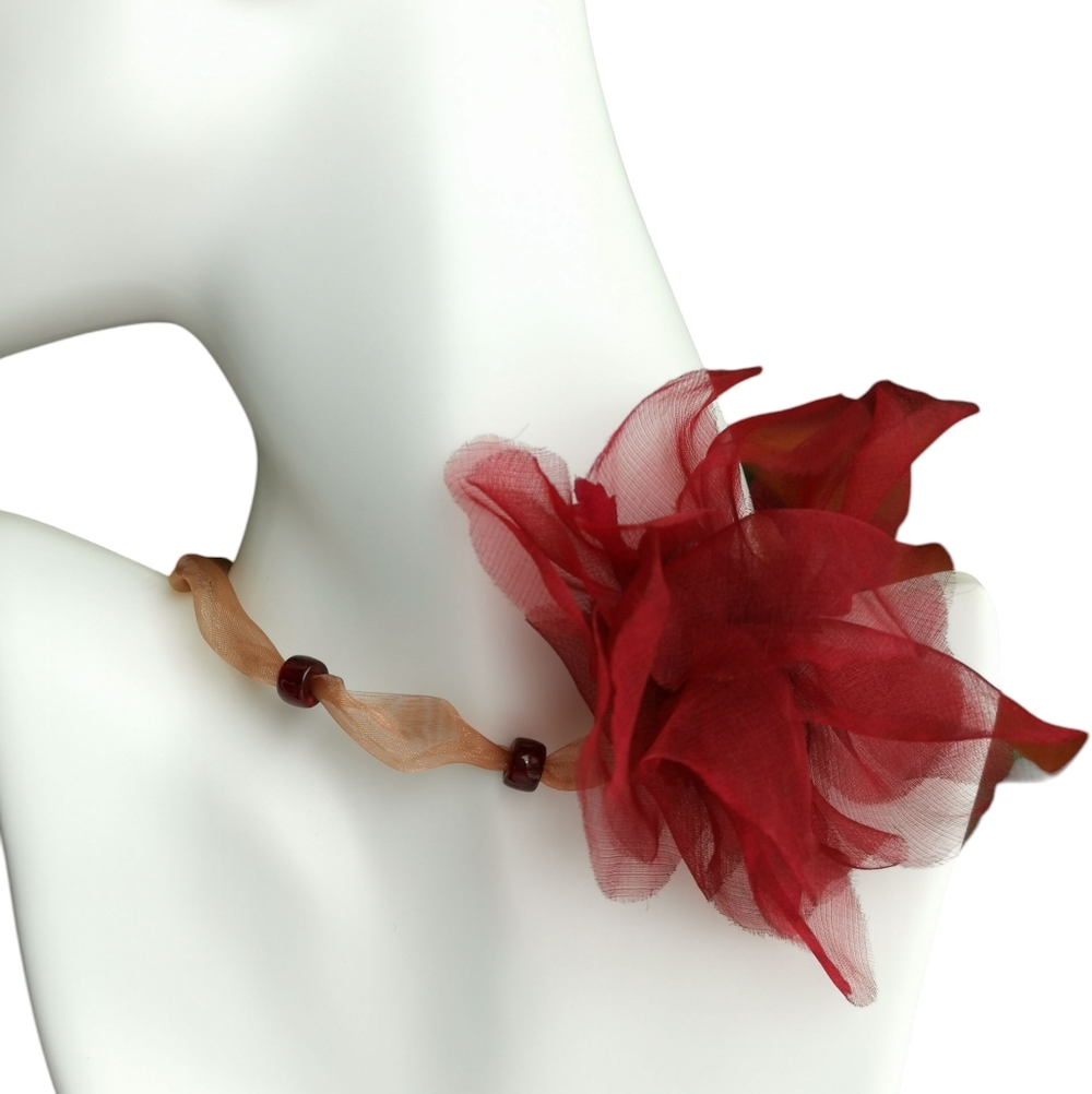 Artisan Crafted Necklace Cranberry Chiffon Flower Choker 🆕